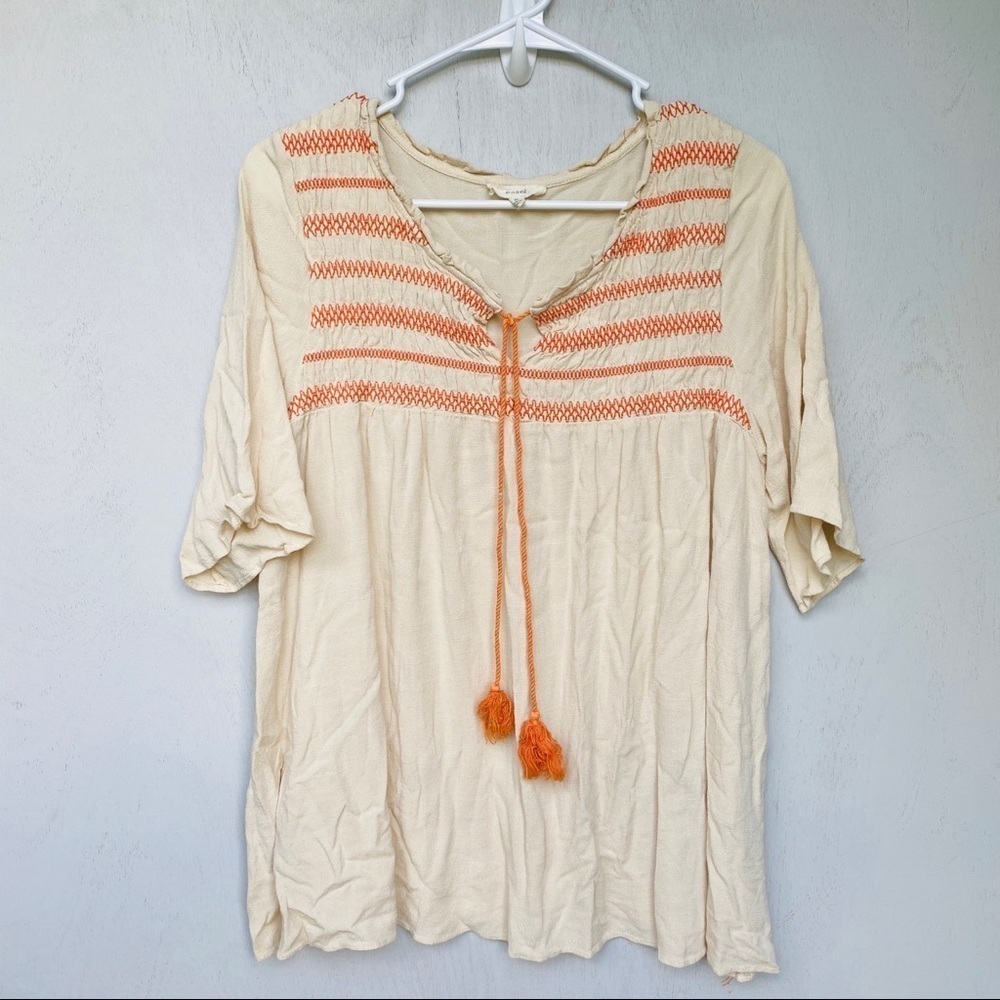 Anthropologie Easel Tan & Orange Embroidered Tassel Tunic Top